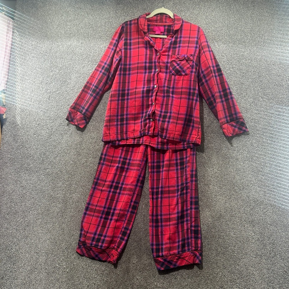 Victoria's Secret Red Plaid Flannel Pajama Set Women Medium Sparkle Shirt Pants